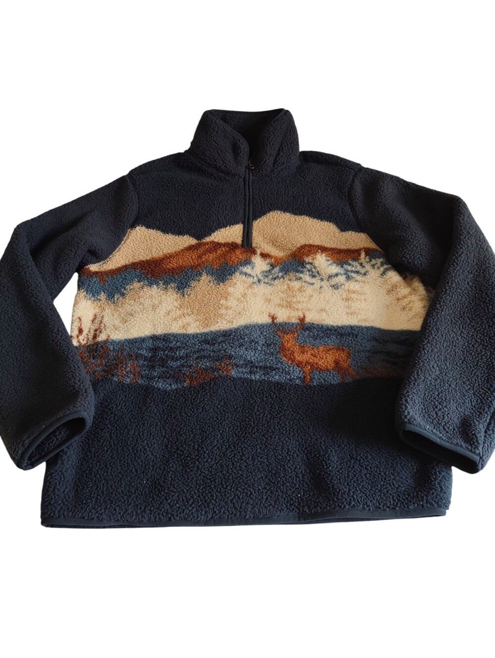 Old Navy Medium Sherpa Western Mountain Elk Scene Graphic Pullover